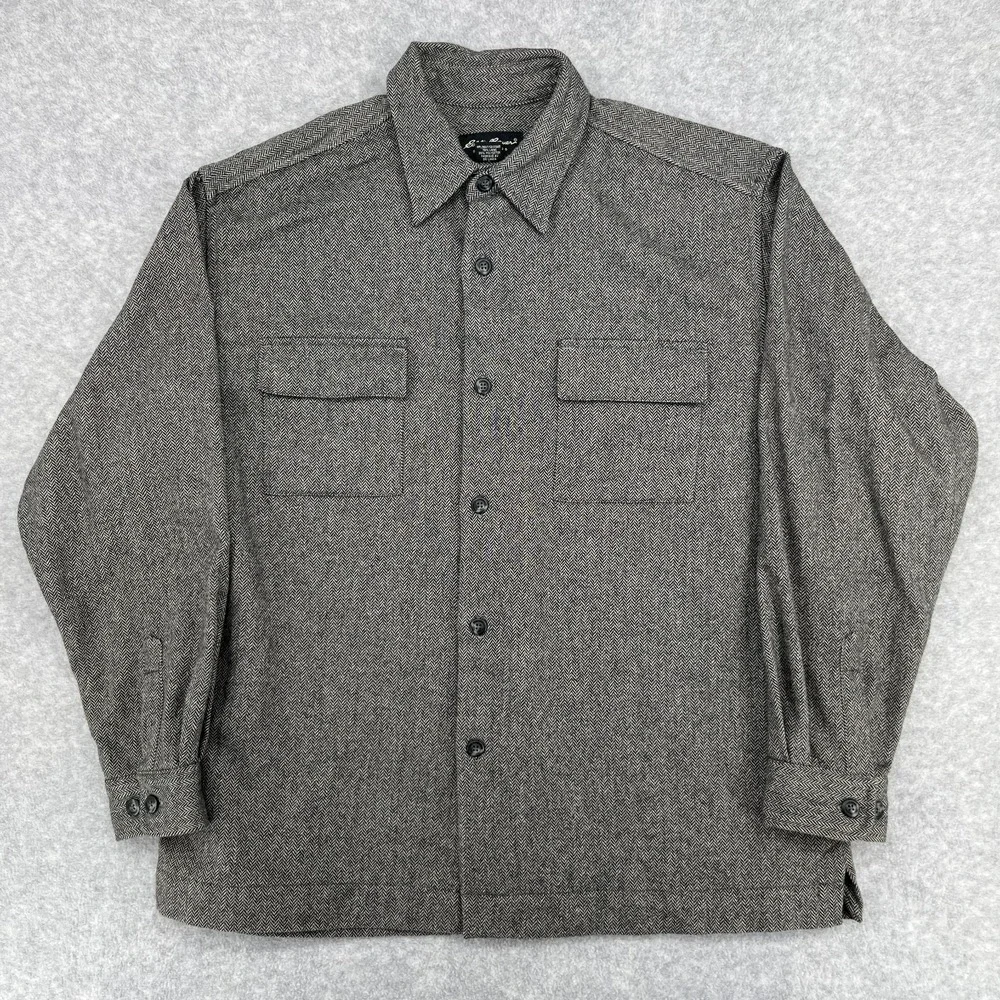 Vintage Eddie Bauer Wool Herringbone Shacket Shirt Men's Large Gray Mackinaw